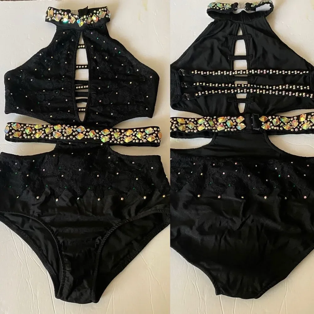 Glamour solo custom dance costume black leotard illusion MA-Medium adult